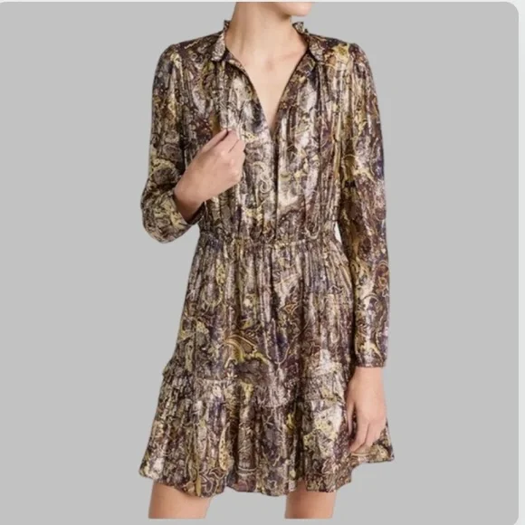 NWT BA&SH Capi Lady Metallic Lame Paisley Ruffle Puff Long Sleeve Dress Size M - Picture 6 of 14